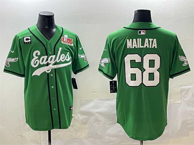 Mens Philadelphia Eagles #68 Jordan Mailata Green 2025 Super Bowl LIX And 3-Star C Patch Stitched Baseball Jersey